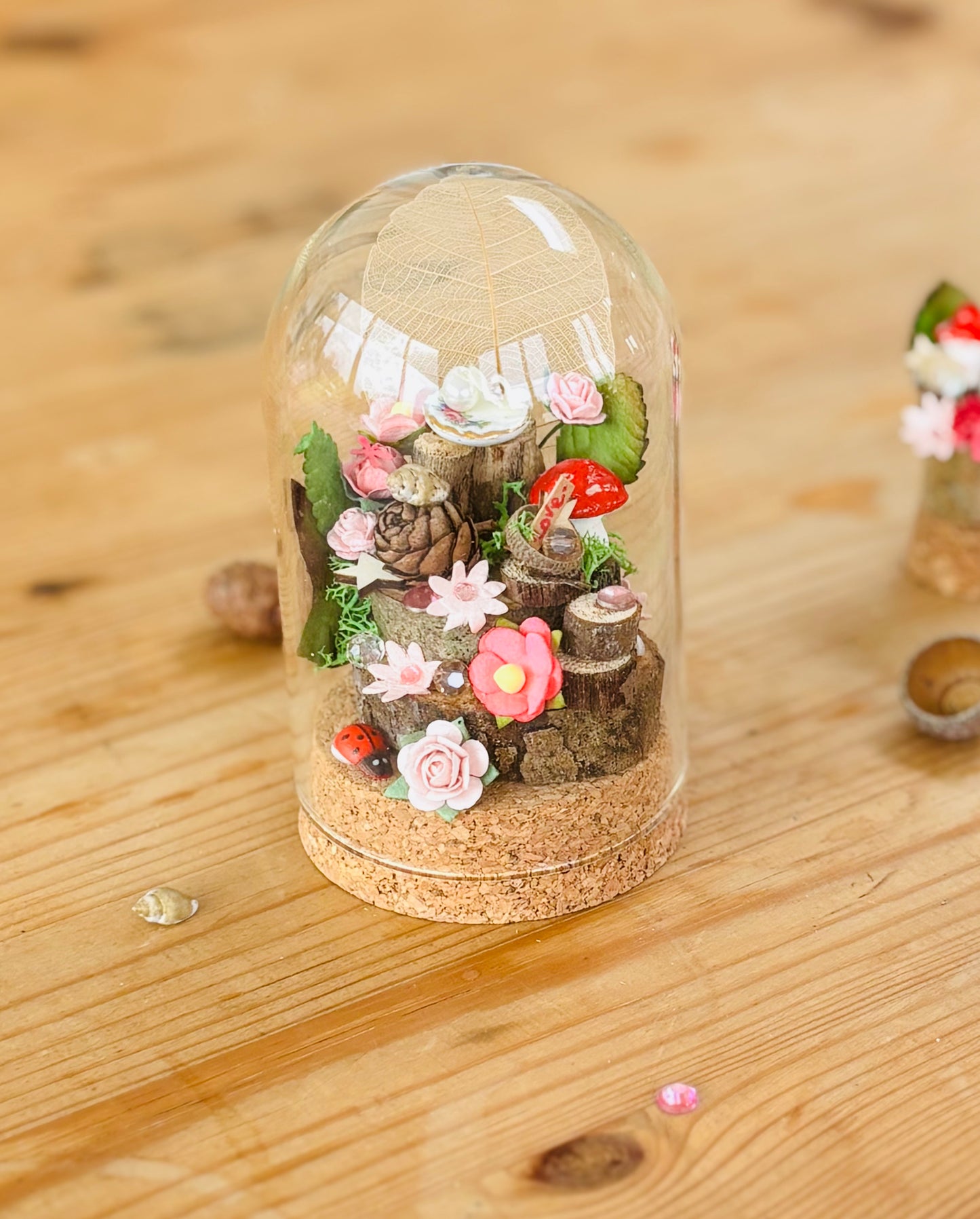 Ready-Made Fairy Garden in a Glass Dome – Handcrafted Miniature Toadstool and Tiny china cup , plate or pot