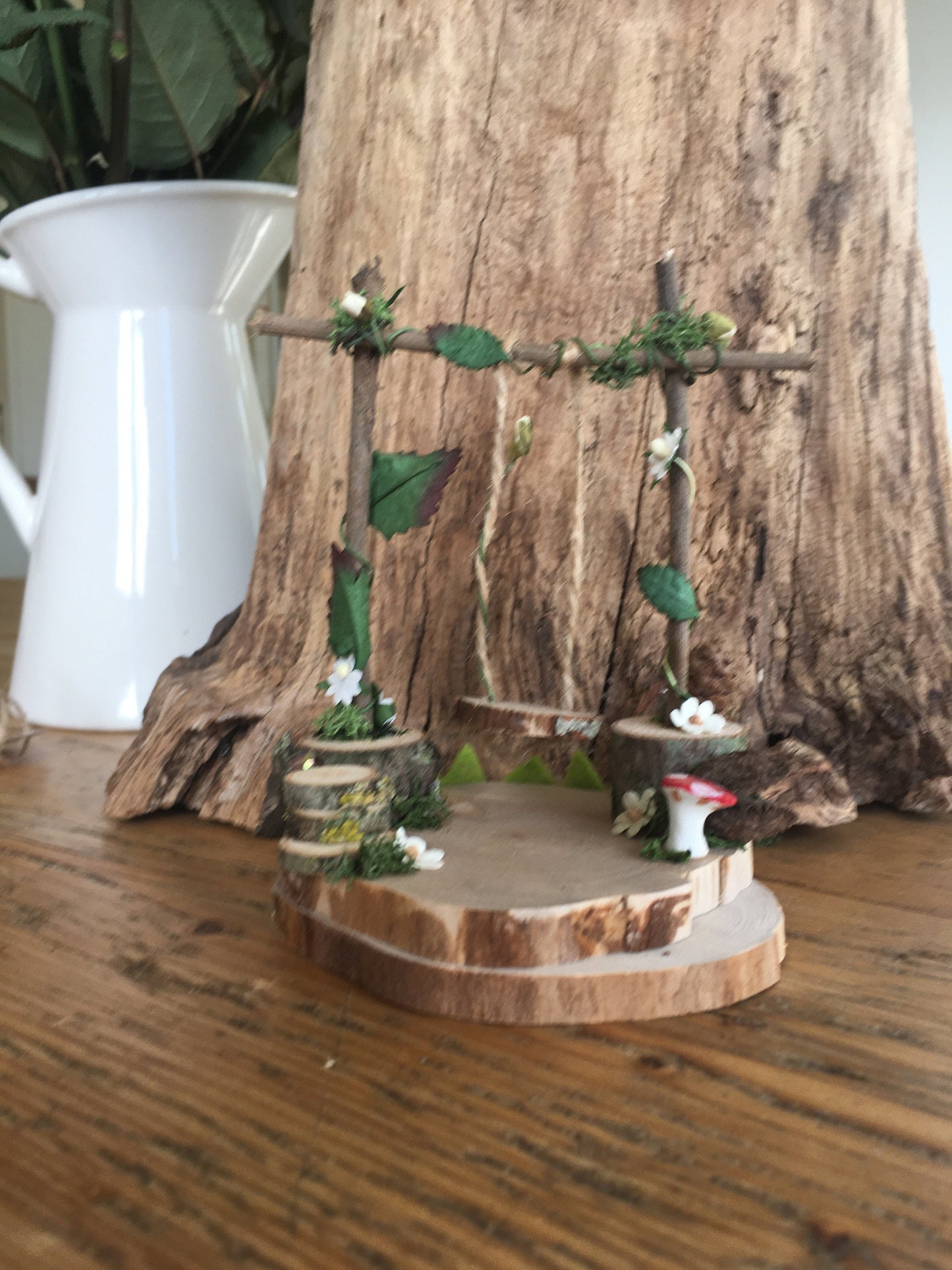 Foraged wood Fairy Swing in pretty garden