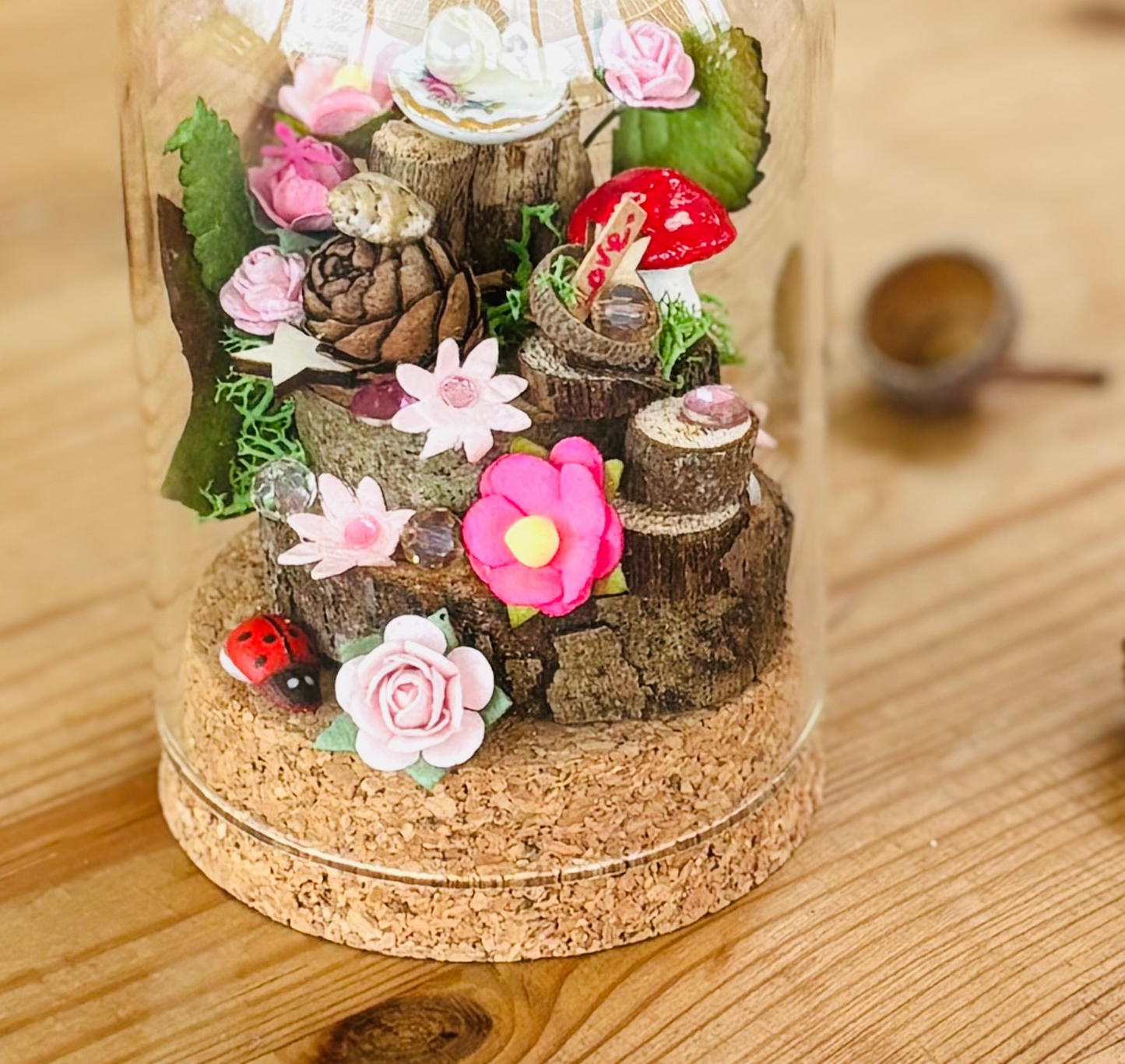 Enchanting DIY fairy garden kit : Tiny toadstool and plate in a Glass Dome