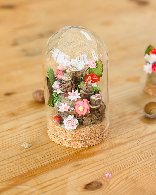 Enchanting DIY fairy garden kit : Tiny toadstool and plate in a Glass Dome