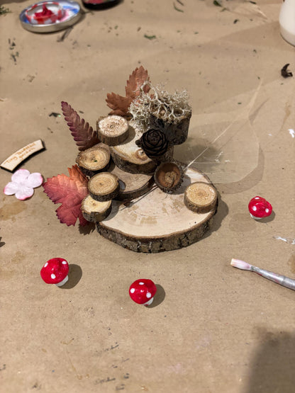 DIY Fairy Garden Kit with a ‘ tiny toadstool garden ‘sign and three toadstools