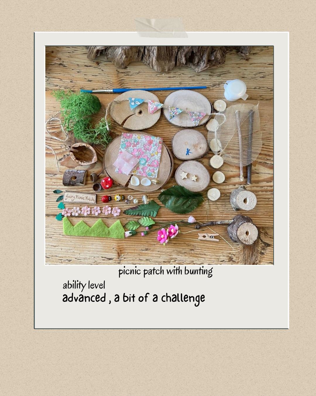 DIY Fairy Picnic Patch Garden Kit with sign, liberty print bunting and tiny fairy hamper.