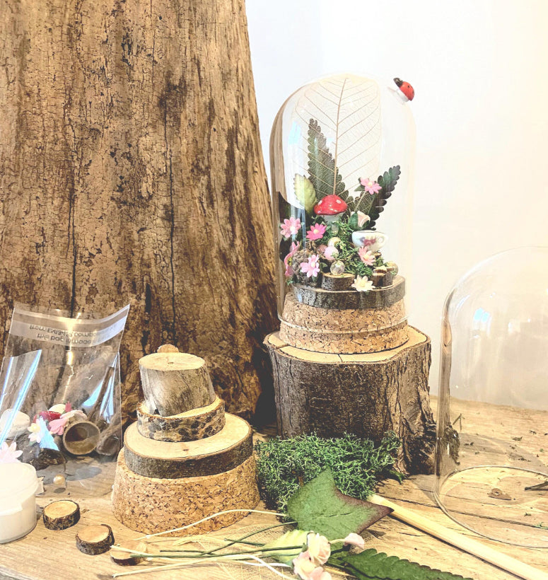 Enchanting DIY fairy garden kit : Tiny toadstool and plate in a Glass Dome