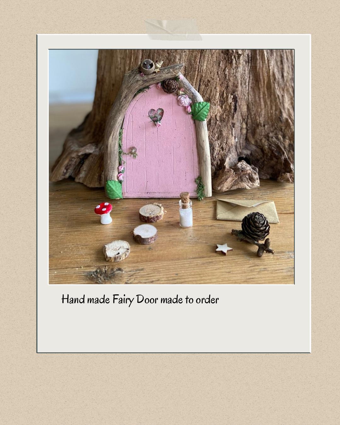 Foraged wood fairy door with stepping stones, magic fairy dust and toadstool.