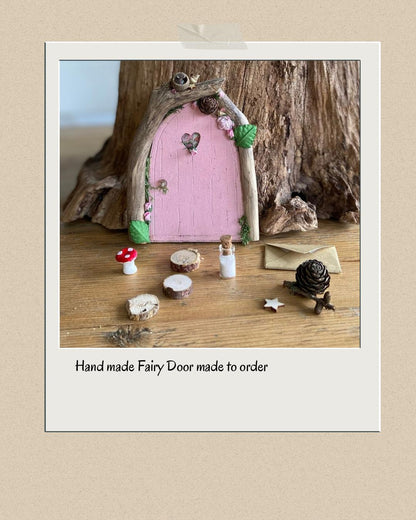 Foraged wood fairy door with stepping stones, magic fairy dust and toadstool.