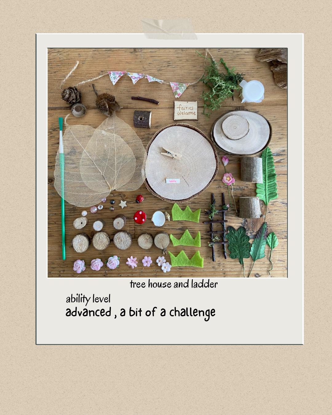 DIY fairy tree house with table, step ladder and tiny liberty print bunting