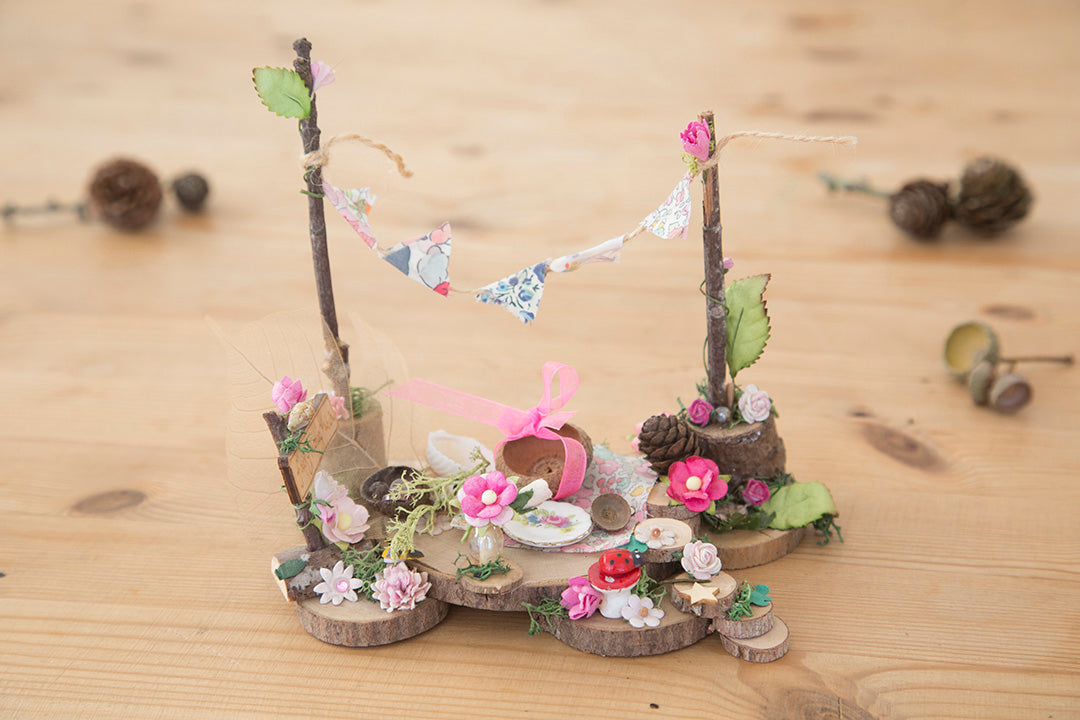 DIY Fairy Picnic Patch Garden Kit with sign, liberty print bunting and tiny fairy hamper.