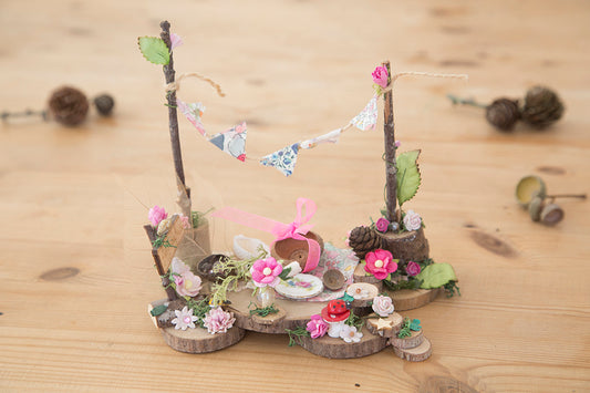 DIY Fairy Picnic Patch Garden Kit with sign, liberty print bunting and tiny fairy hamper.