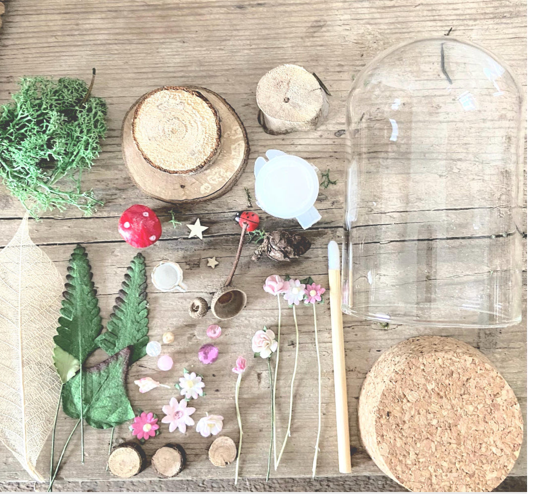 Enchanting DIY fairy garden kit : Tiny toadstool and plate in a Glass Dome