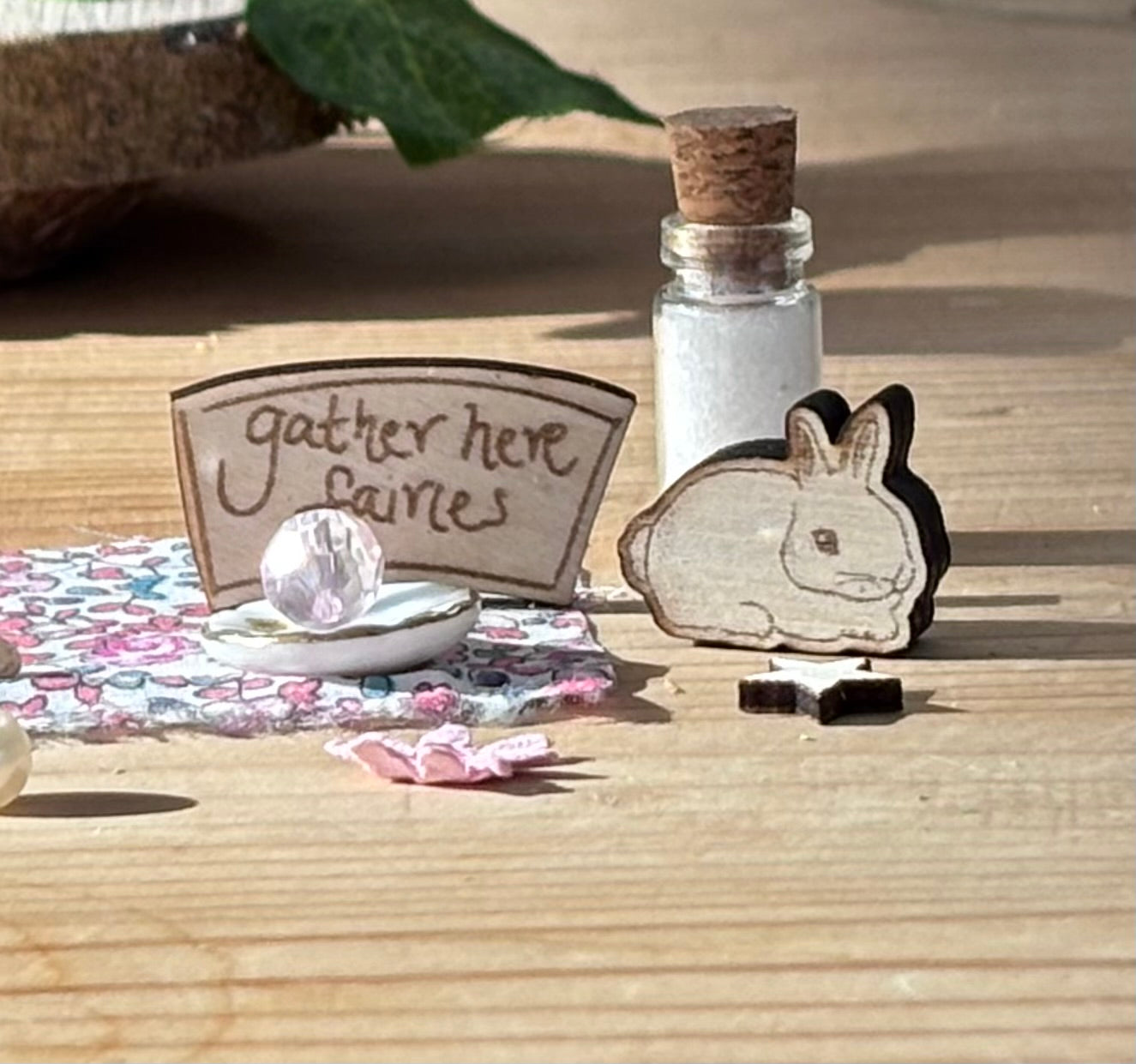 Cherry Cheesecake Fairy Picnic Set – Miniature Fairy Garden Accessory with Bunny , gather here fairies sign and fairy dust