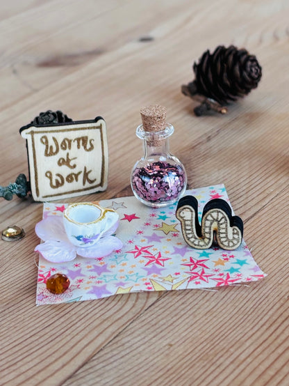 Fairy set with little worm  , eco friendly fairy dust , liberty print picnic rug and more