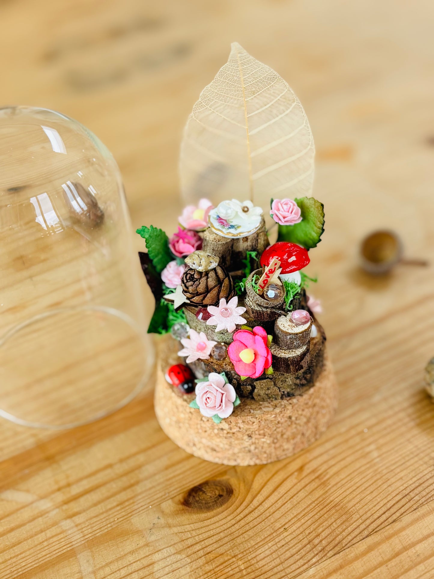 Enchanting DIY fairy garden kit : Tiny toadstool and plate in a Glass Dome