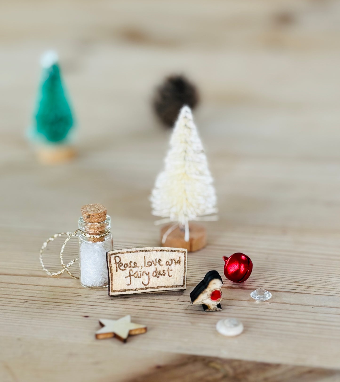 Tiny Christmas Tree and tiny Robin set with fairy snow and jingle bell