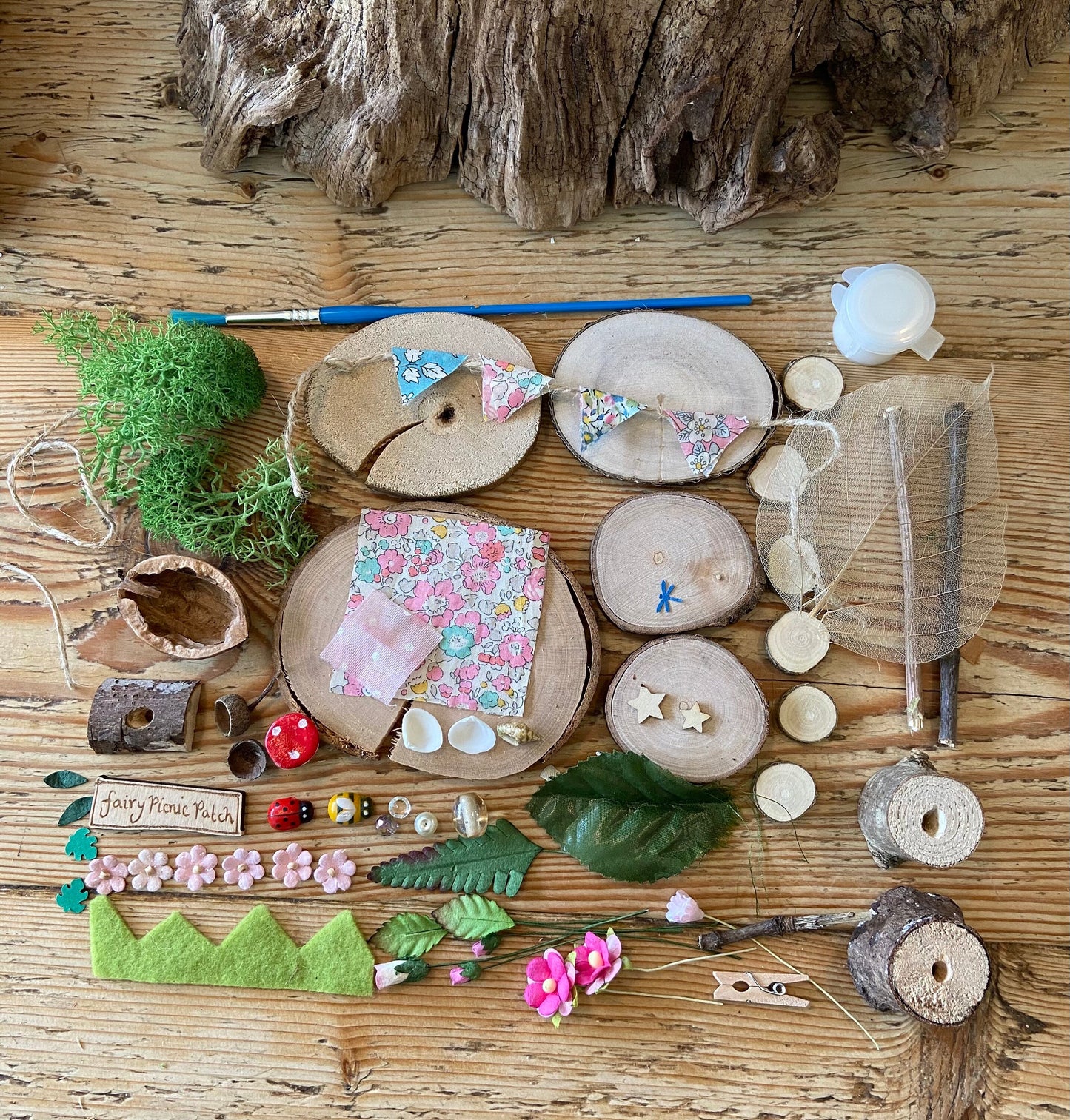 DIY Fairy Picnic Patch Garden Kit with sign, liberty print bunting and tiny fairy hamper.