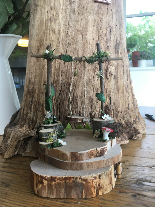 Foraged wood Fairy Swing in pretty garden